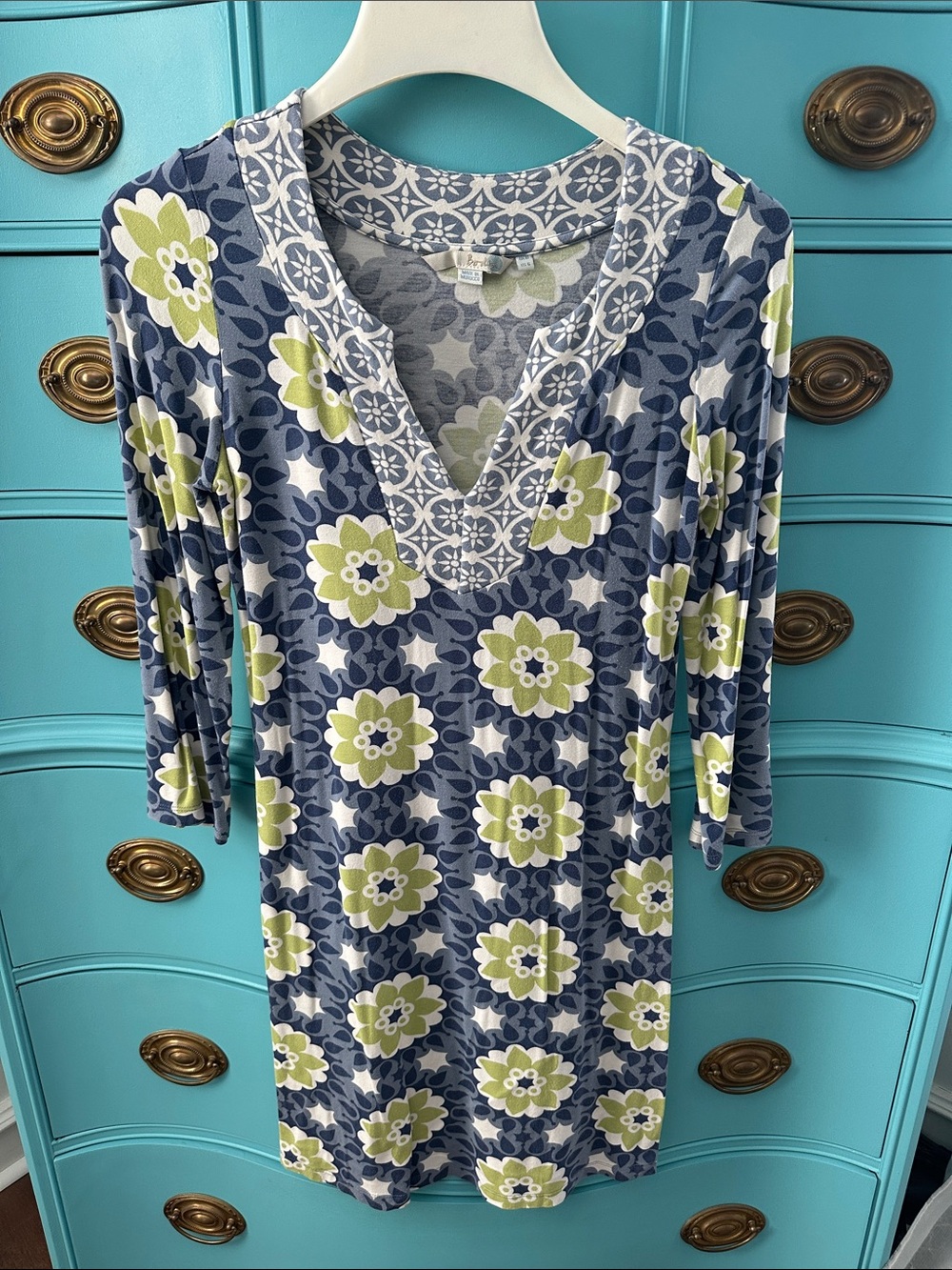 Blue & Green Floral V-Neck Tunic Dress